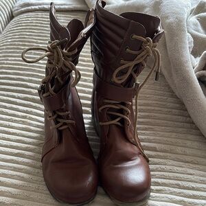 Dollhouse Brown Combat Moto Boots with Lace-Up Design